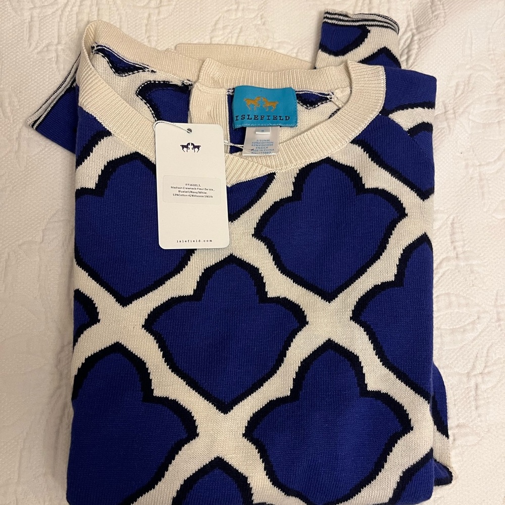 Isle field blue and white Madison Crewneck-Fleur De Isle sweater. New